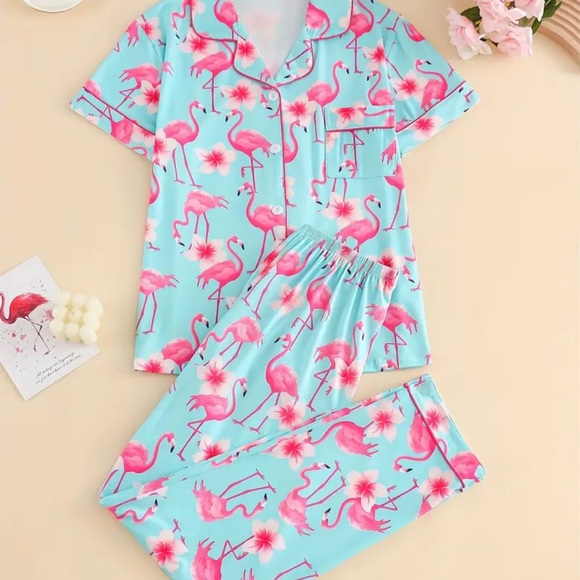 Flamingo Pajamas Set Pink Blue Plus Size 3XL - Picture 1 of 9